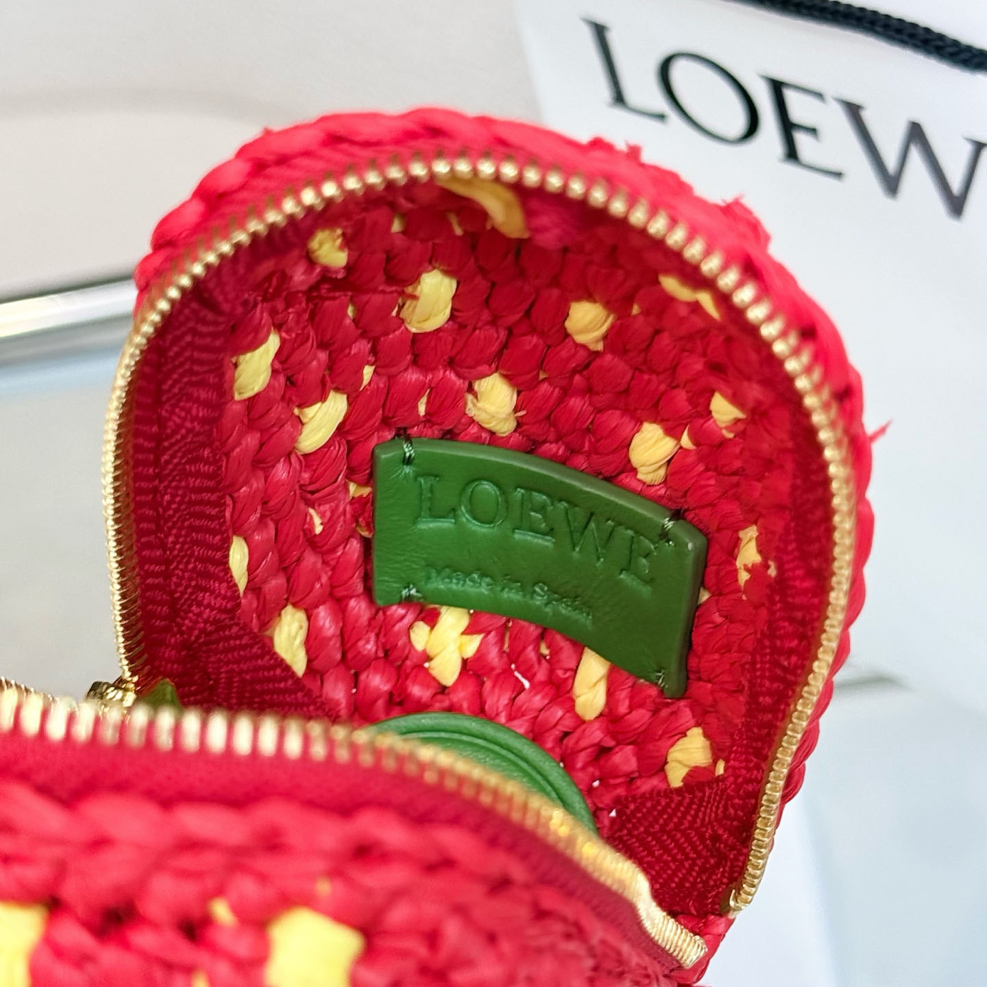 Loewe Strawberry Coin Purse In Raffia And Classic Calfskin - DesignerGu