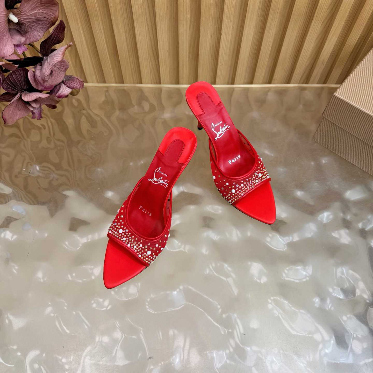 Christian Louboutin Miss Z Degrasstrass Perla Mesh and Leather 80MM Mule Sandals - DesignerGu