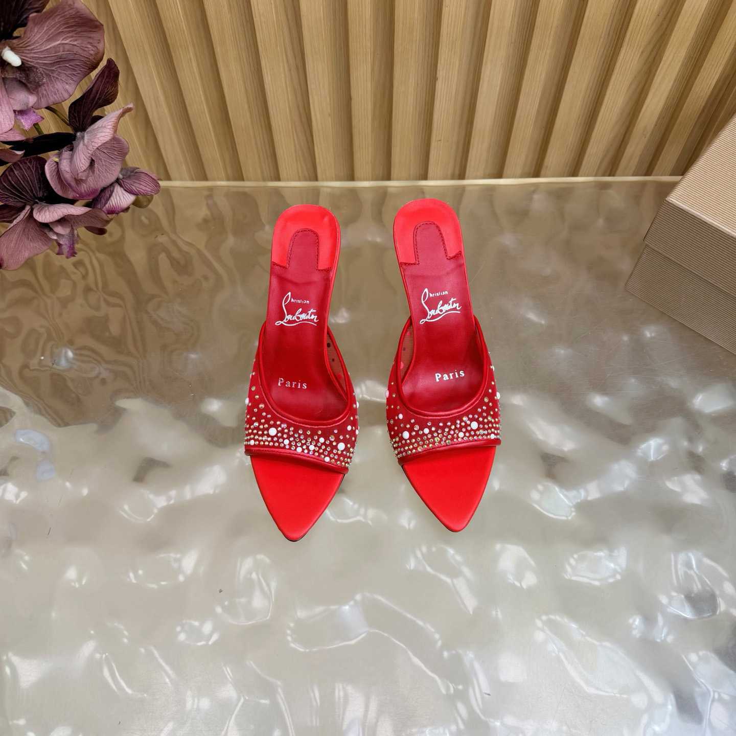 Christian Louboutin Miss Z Degrasstrass Perla Mesh and Leather 80MM Mule Sandals - DesignerGu