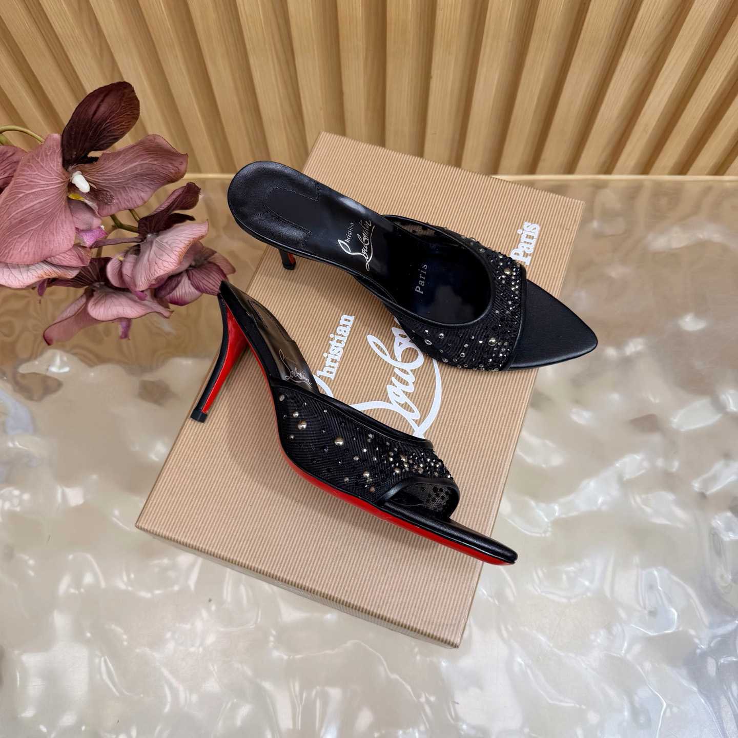 Christian Louboutin Miss Z Degrasstrass Perla Mesh and Leather 80MM Mule Sandals - DesignerGu