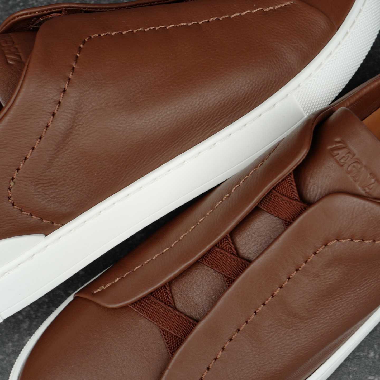 Zegna Almond Brown Triple Stitch™ SECONDSKIN Sneakers - DesignerGu