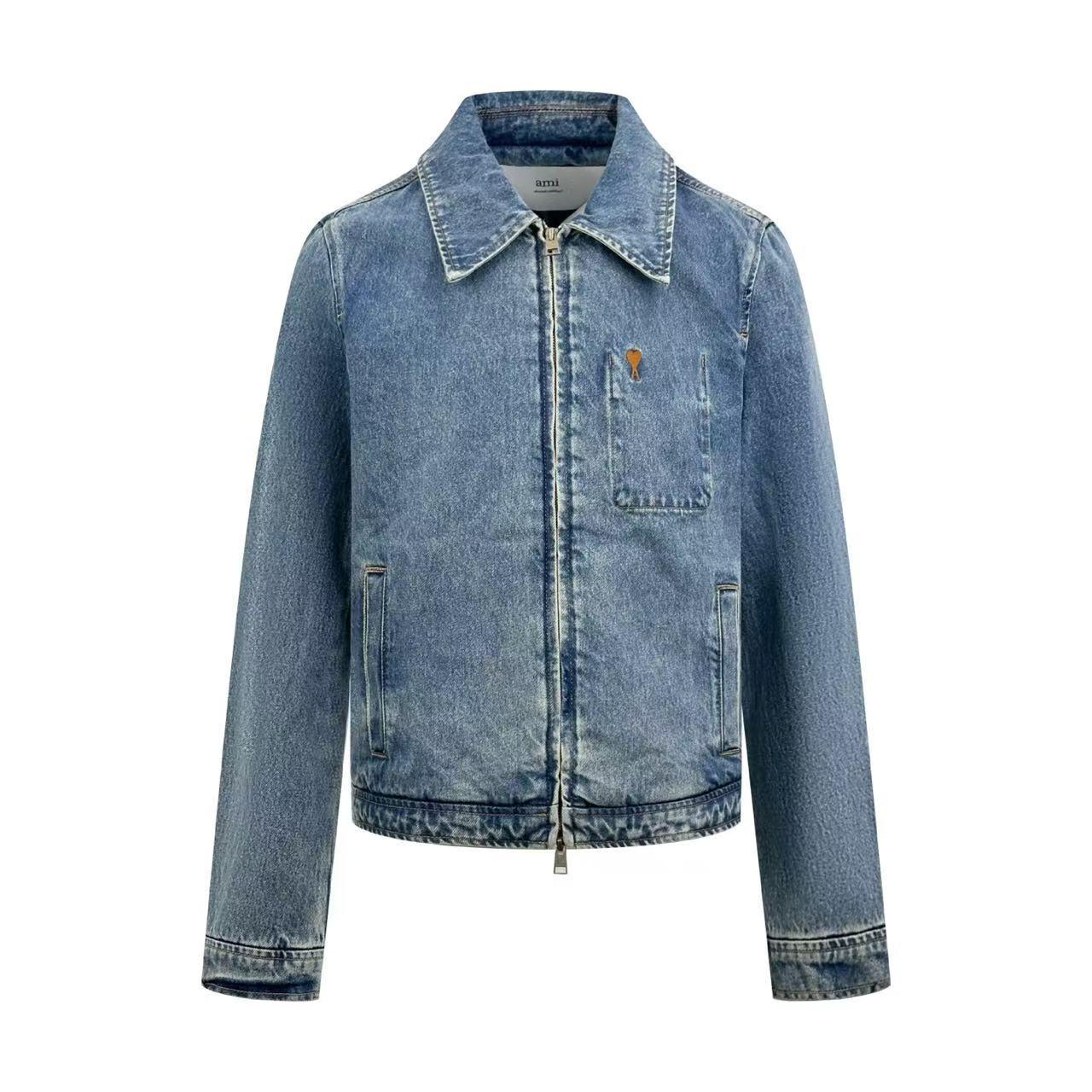 Ami Paris Blue Cotton Contrasted Zipped Jacket with Ami De Coeur - DesignerGu