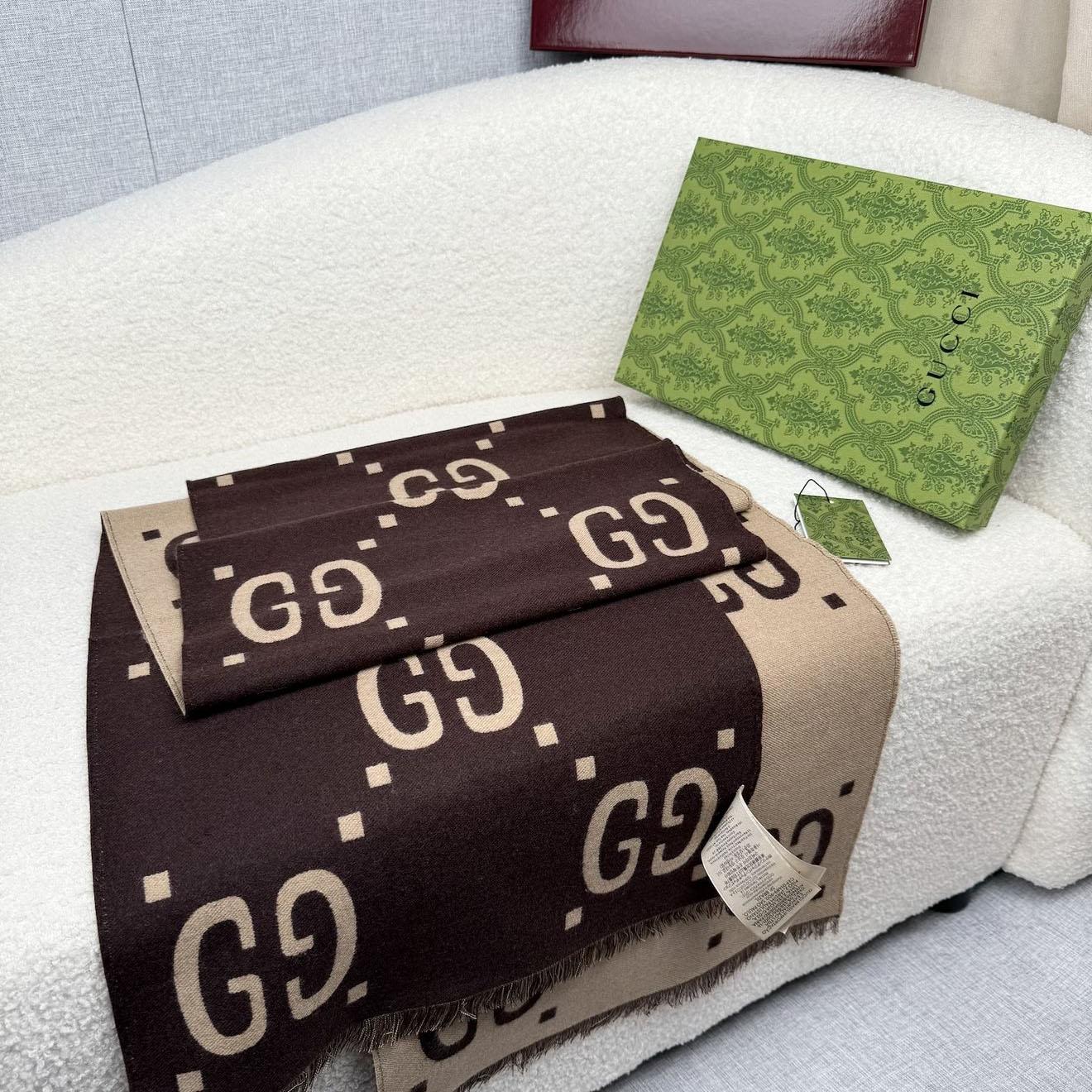 Gucci GG Jacquard Wool Silk Scarf - DesignerGu