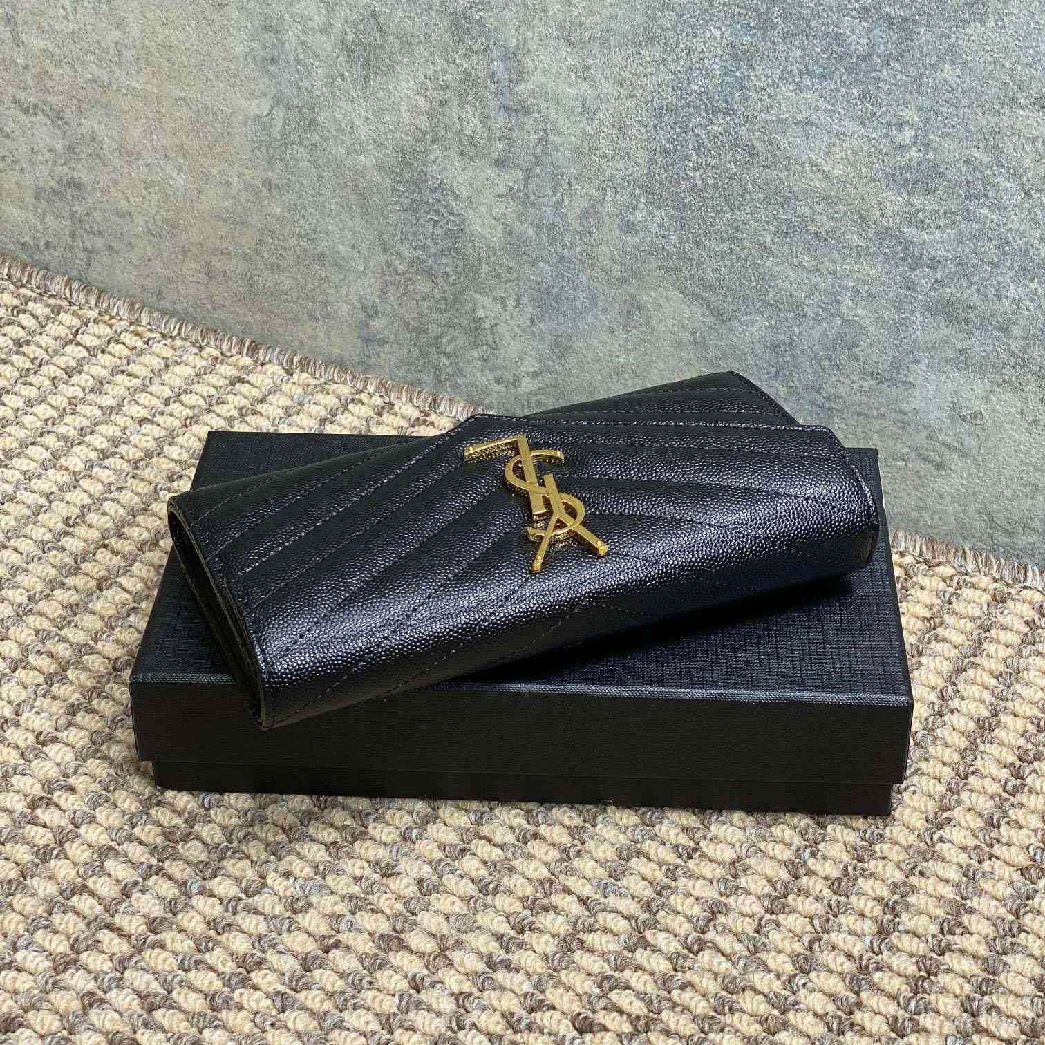 Saint Laurent Cassandre YSL Monogram Large Flap Wallet In Grained Leather - DesignerGu