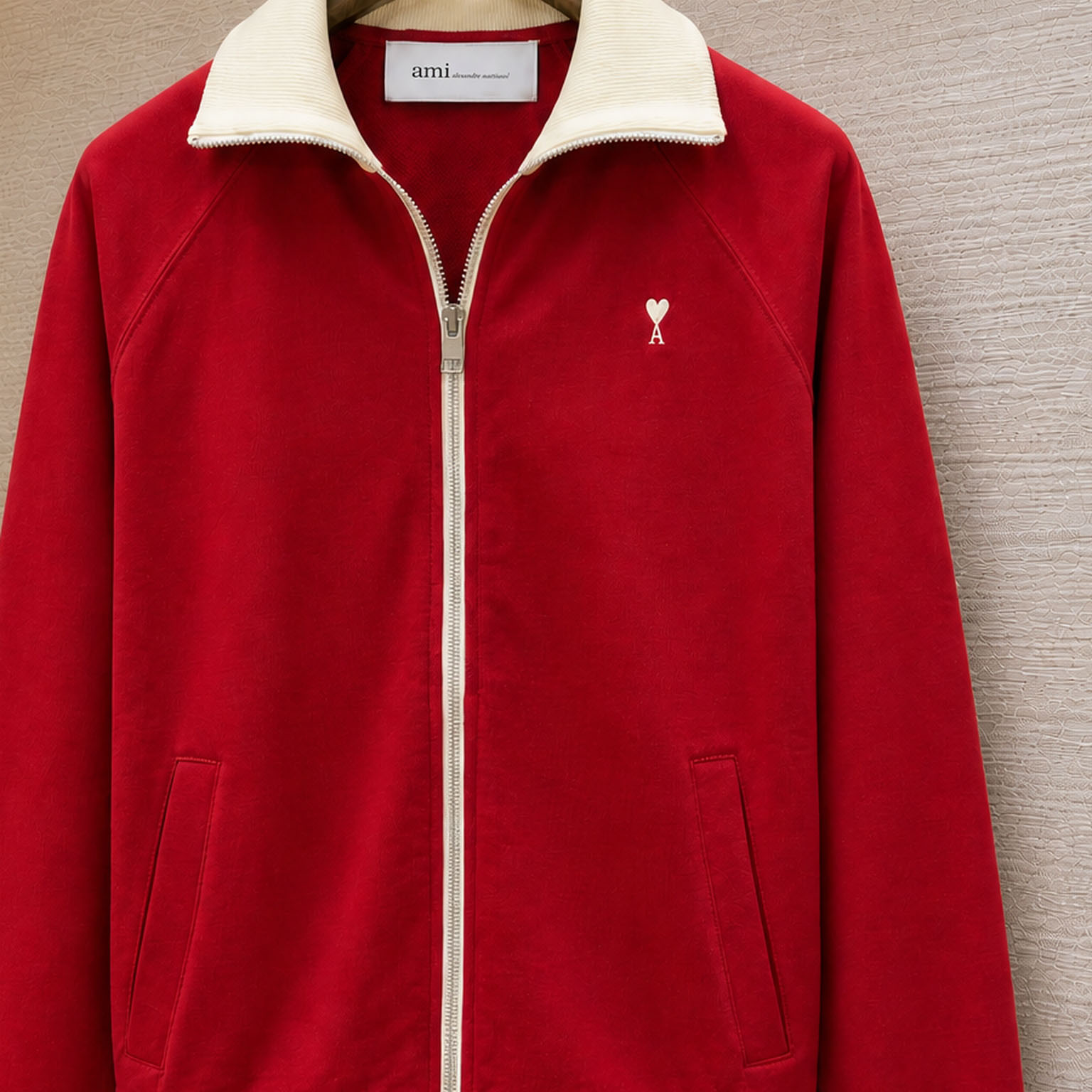 AMI Paris Red Zipped Cotton Sweatshirt With Ami De Coeur - DesignerGu