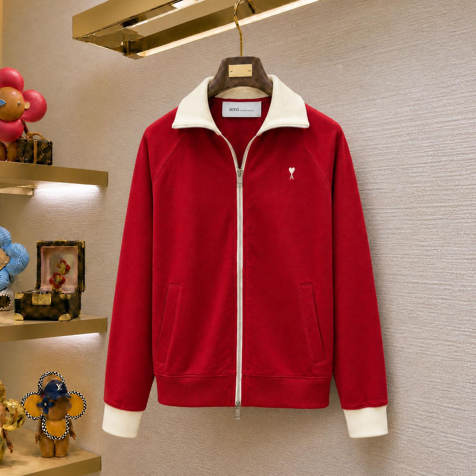 AMI Paris Red Zipped Cotton Sweatshirt With Ami De Coeur - DesignerGu