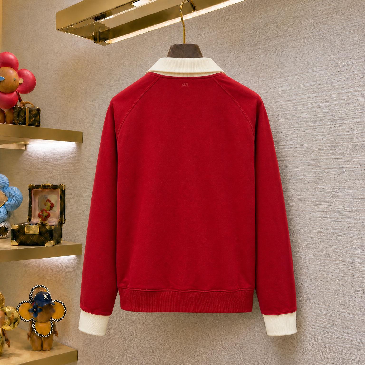 AMI Paris Red Zipped Cotton Sweatshirt With Ami De Coeur - DesignerGu