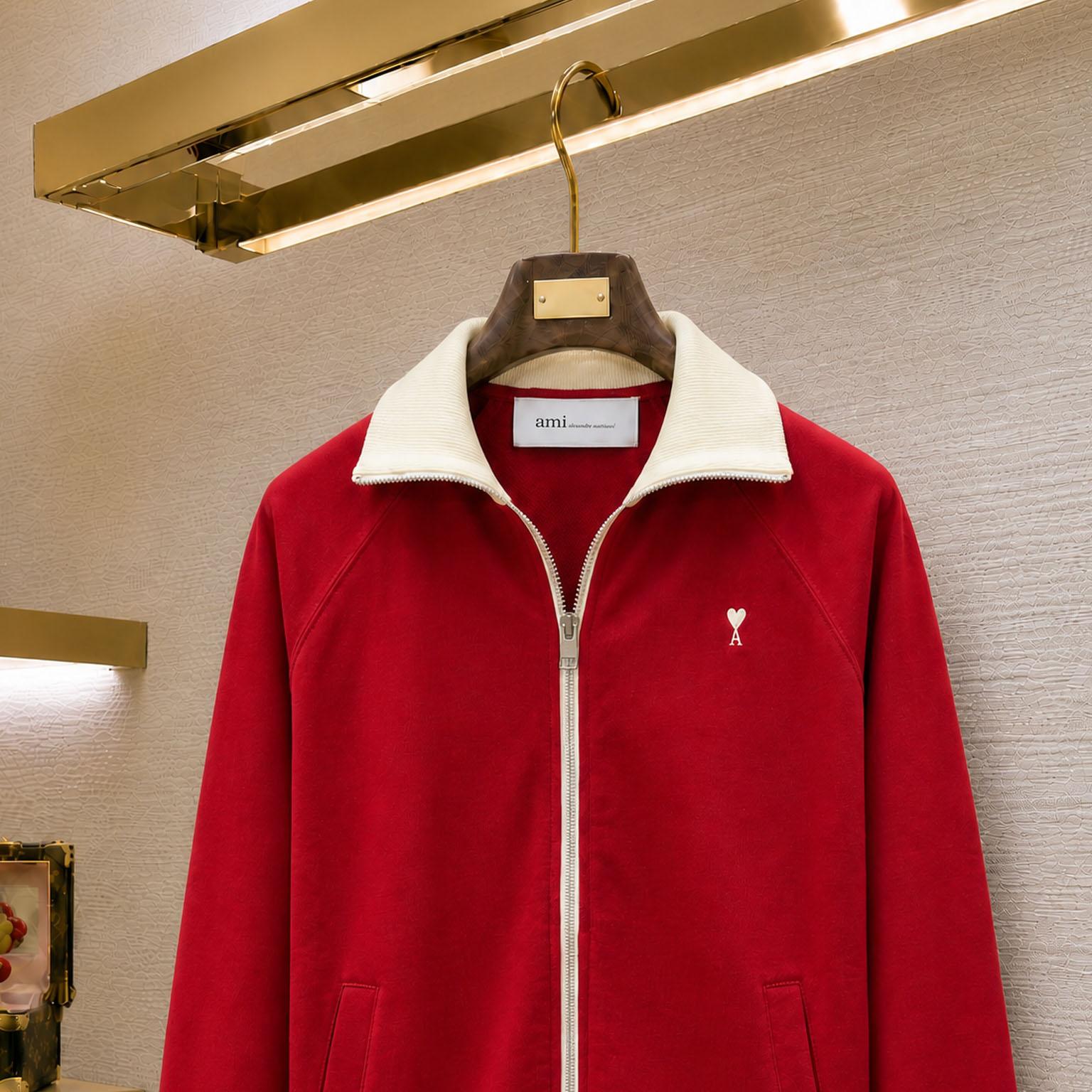 AMI Paris Red Zipped Cotton Sweatshirt With Ami De Coeur - DesignerGu
