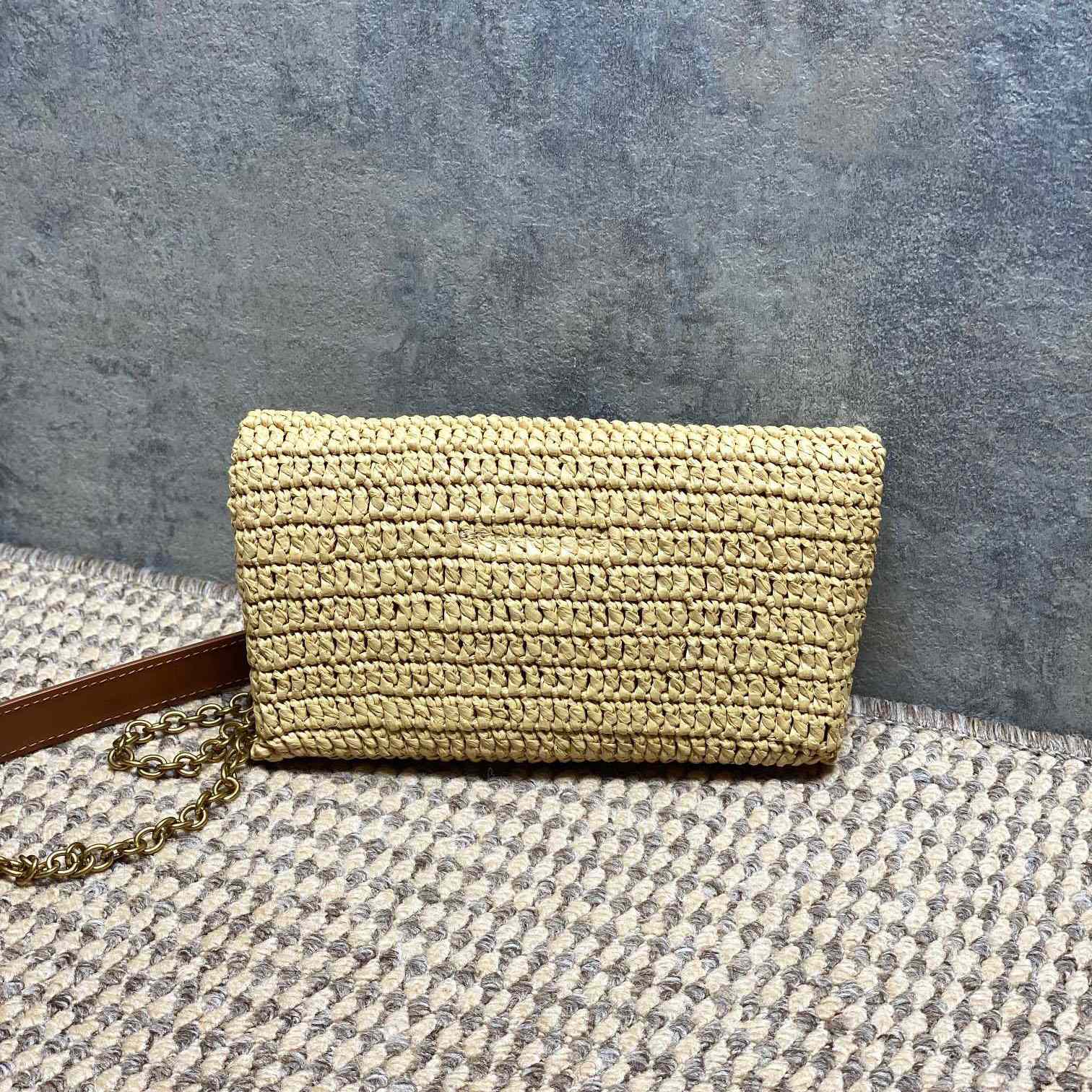 Saint Laurent Cassandre Small Chain Pouch In Raffia - DesignerGu
