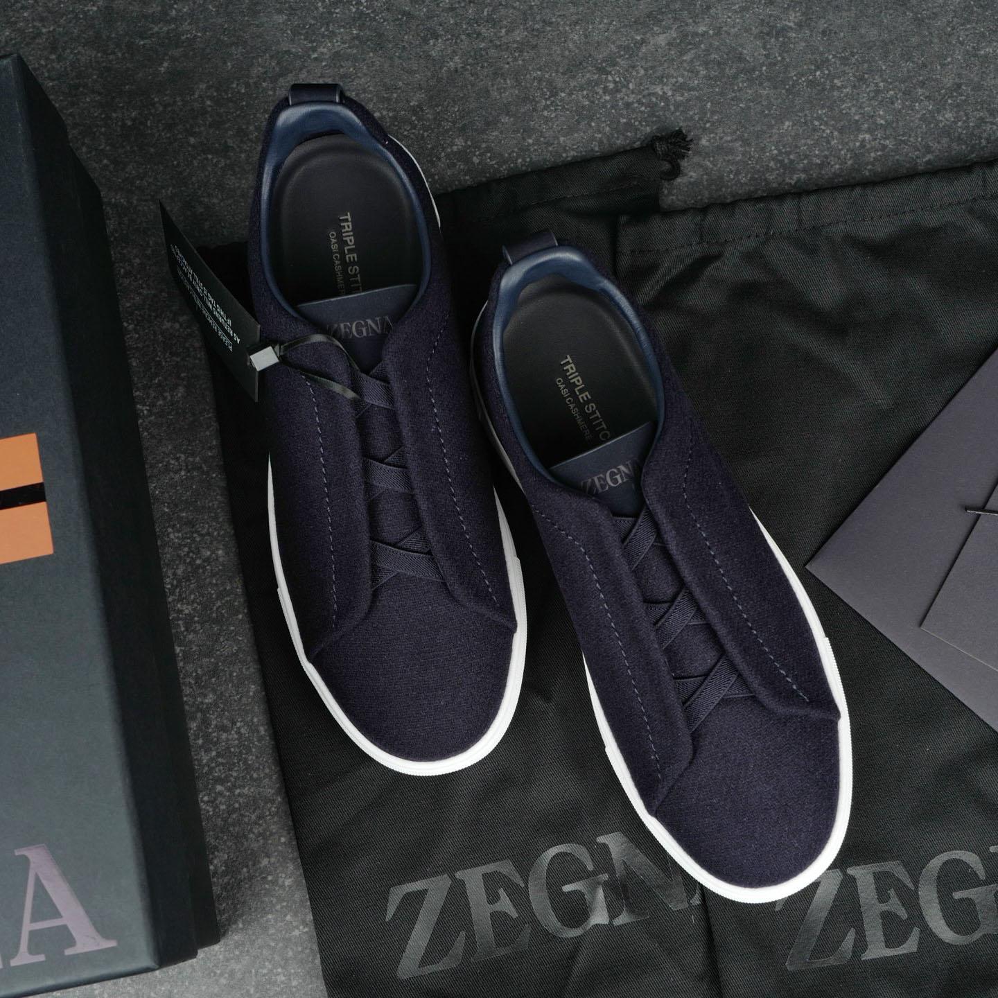ZEGNA Navy Blue Triple Stitch™ Oasi Cashmere Sneakers - DesignerGu