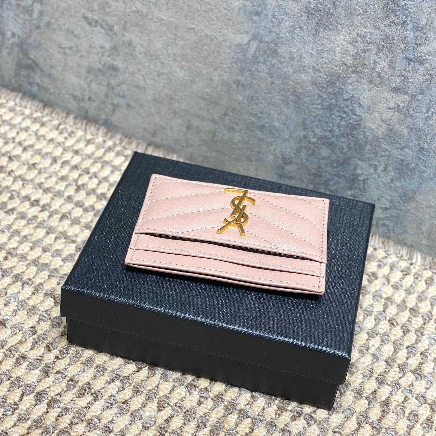 Saint Laurent Cassandre Matelasse Card Case In Grain Dde Poudre Leather - DesignerGu