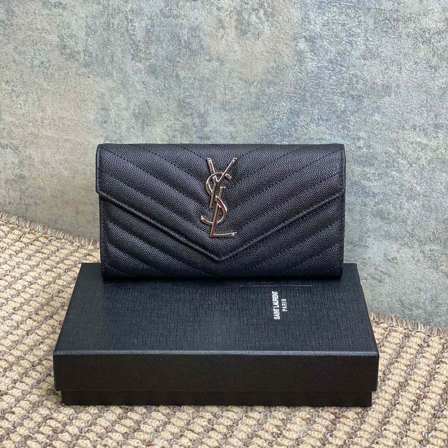 Saint Laurent Cassandre YSL Monogram Large Flap Wallet In Grained Leather - DesignerGu