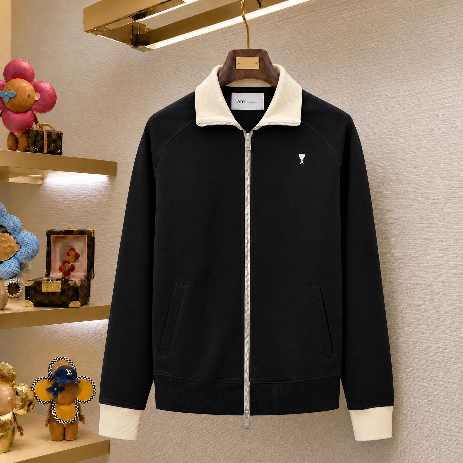 AMI Paris Black Zipped Cotton Sweatshirt With Ami De Coeur - DesignerGu