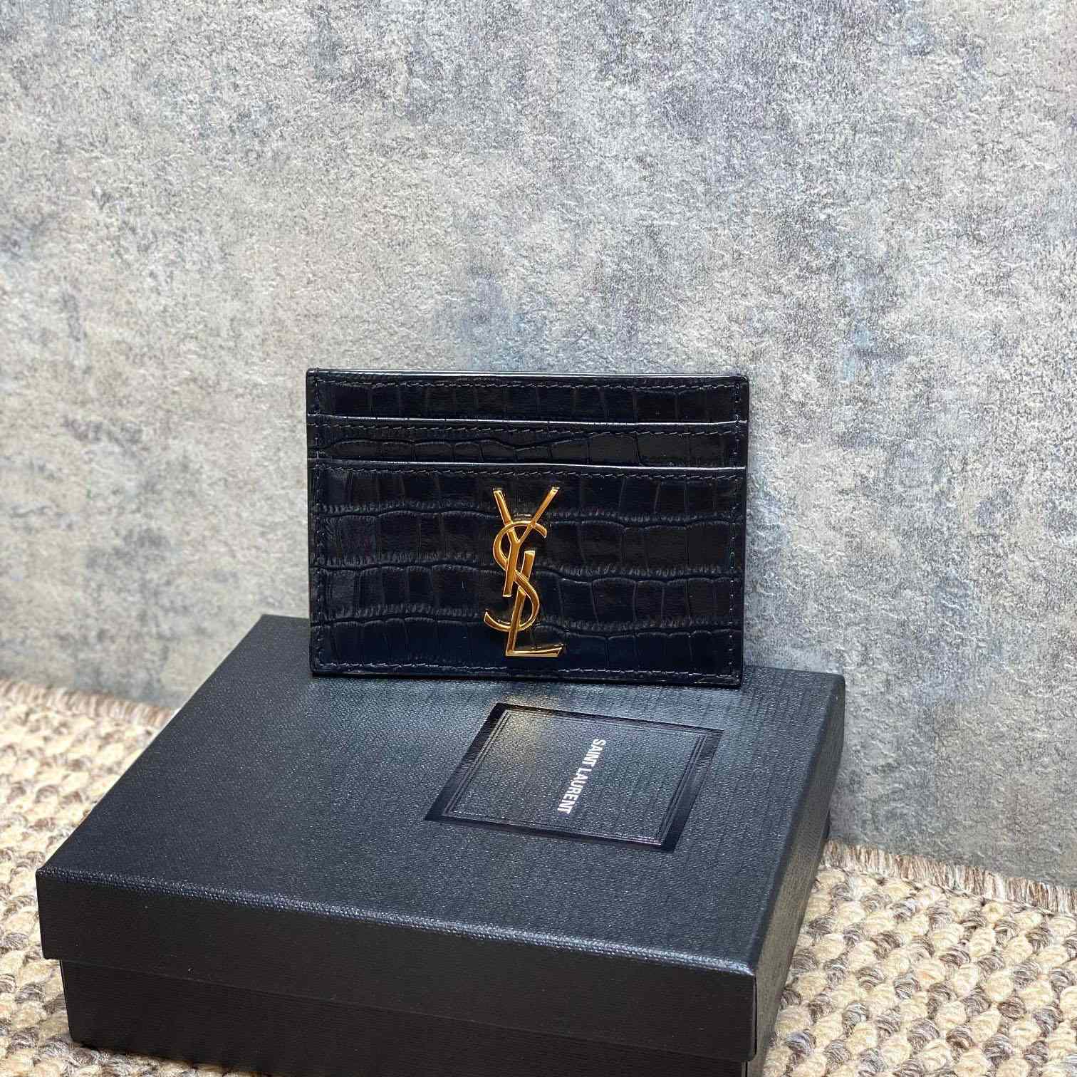 Saint Laurent Cassandre Card Case In Crocodile-Embossed Shiny Leather - DesignerGu