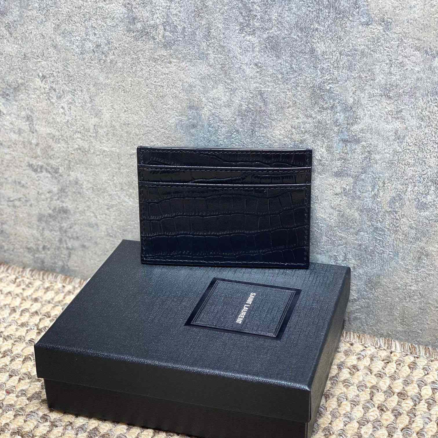 Saint Laurent Cassandre Card Case In Crocodile-Embossed Shiny Leather - DesignerGu