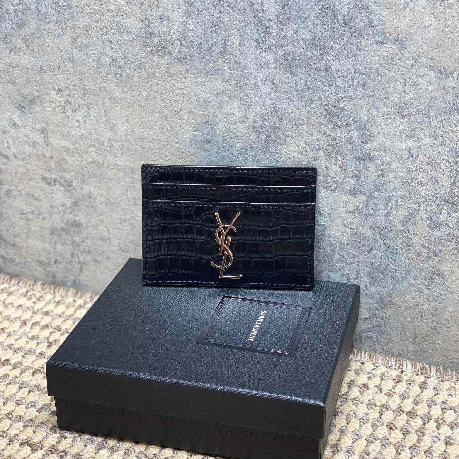 Saint Laurent Cassandre Card Case In Crocodile-Embossed Shiny Leather - DesignerGu