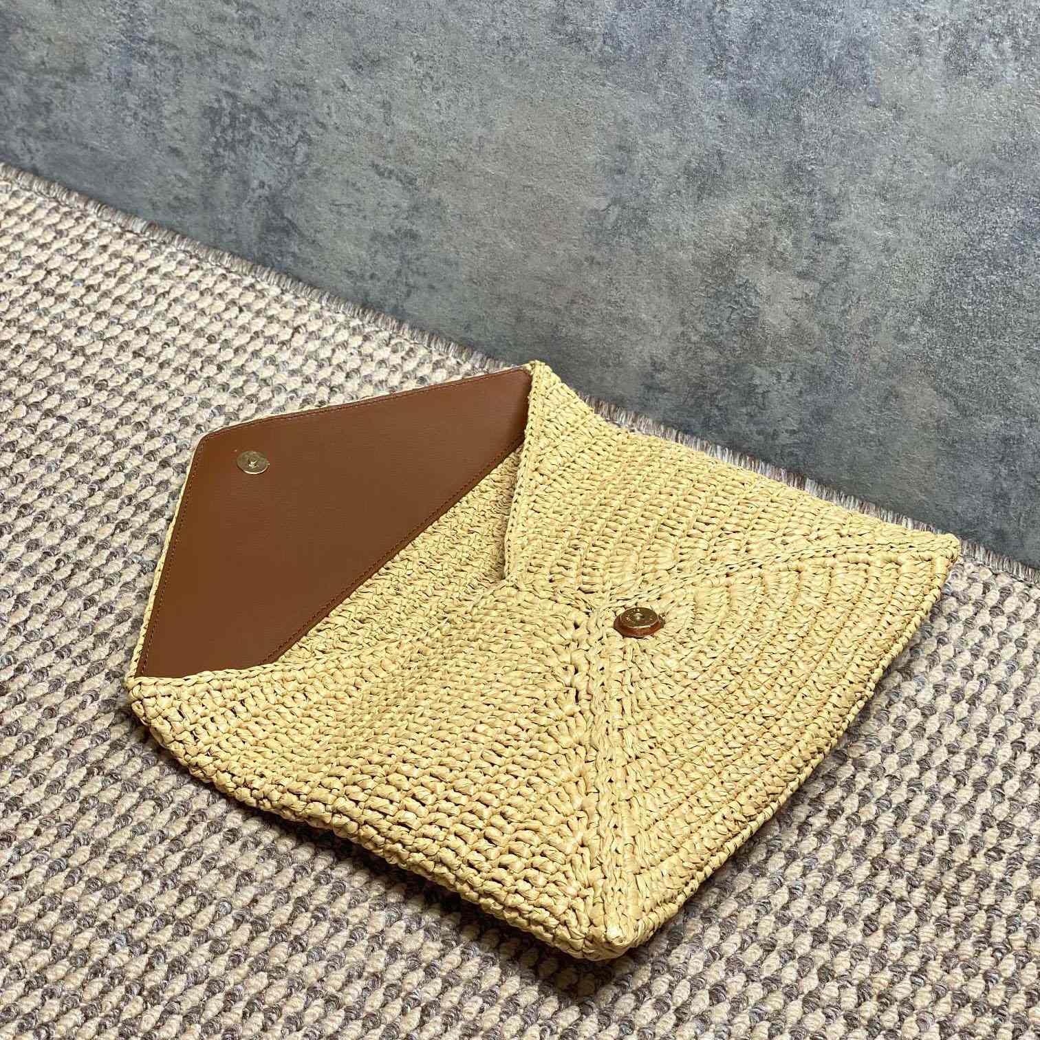 Saint Laurent Cassandre Large Envelope Pouch In Raffia - DesignerGu