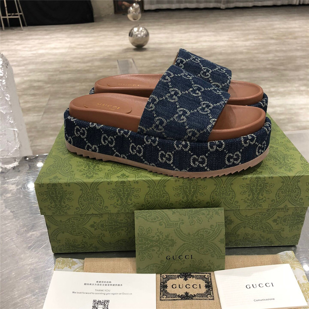 Gucci Women's Platform Slide Sandal(Blue and Ivory) - DesignerGu