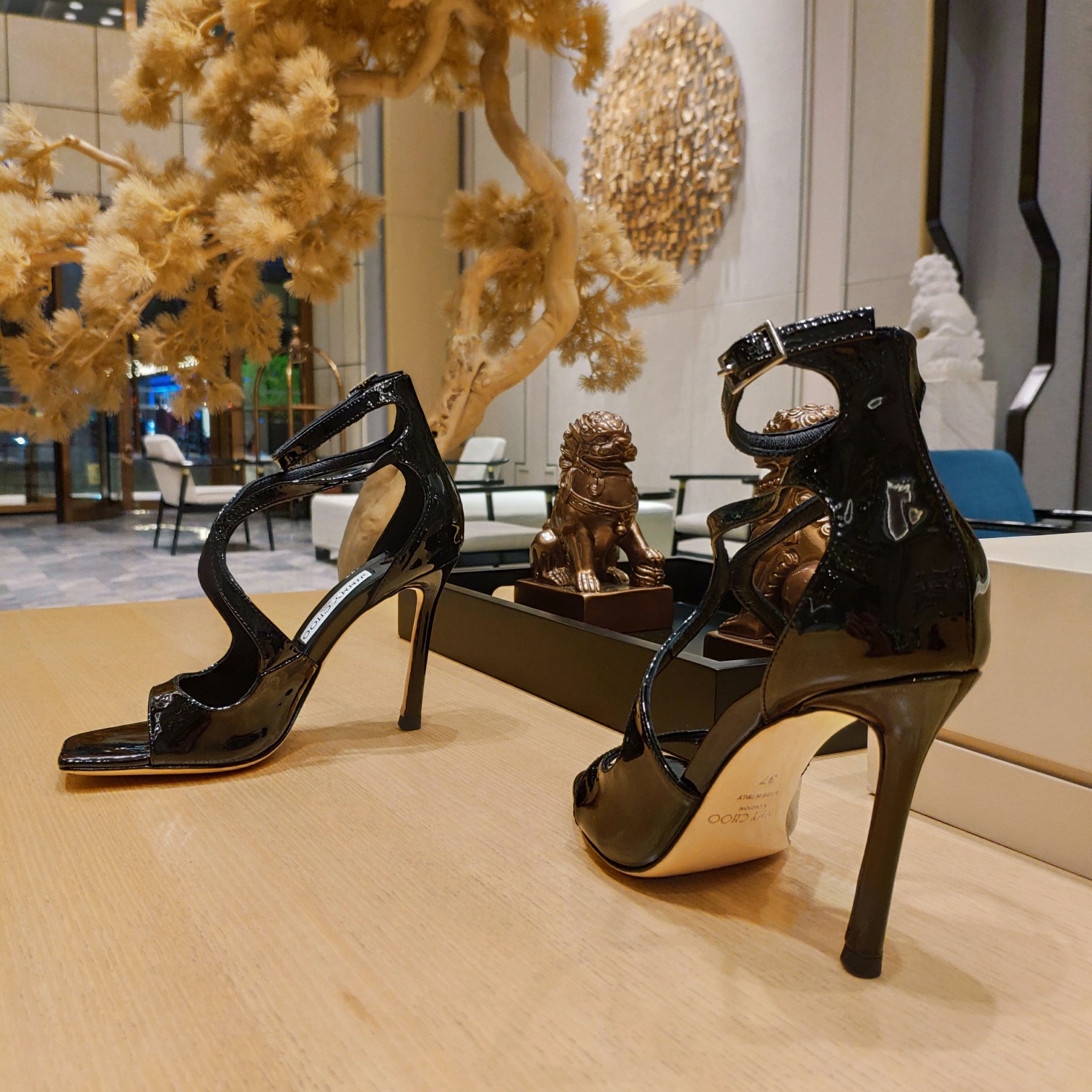 Jimmy Choo Azia 95 Black Patent Leather Sandals - DesignerGu