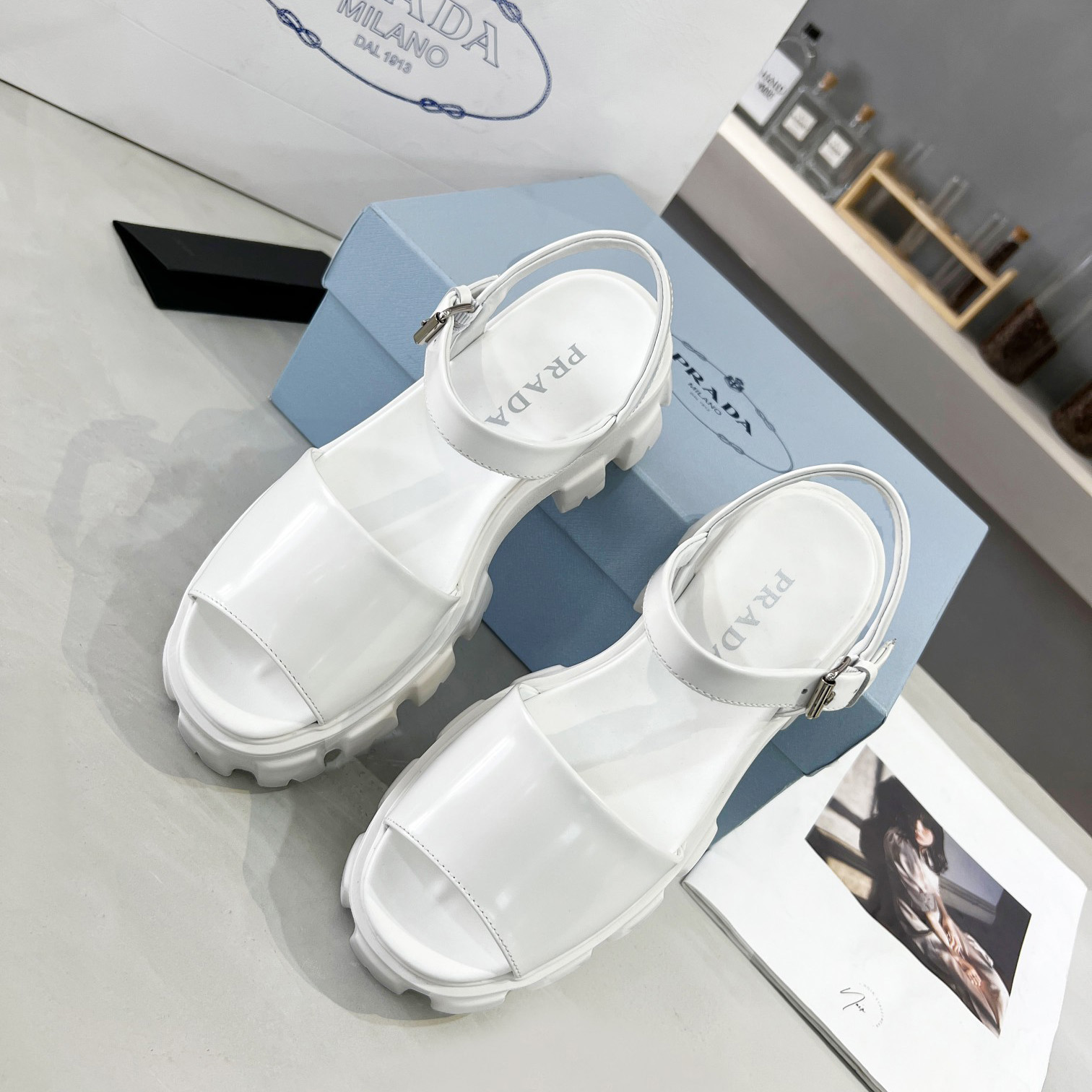 Prada Monolith Brushed Leather Sandals - DesignerGu