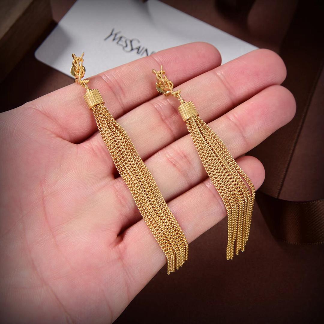 Saint Laurent Loulou Earrings With Chain Tassels In Light Gold-Colored Brass - DesignerGu