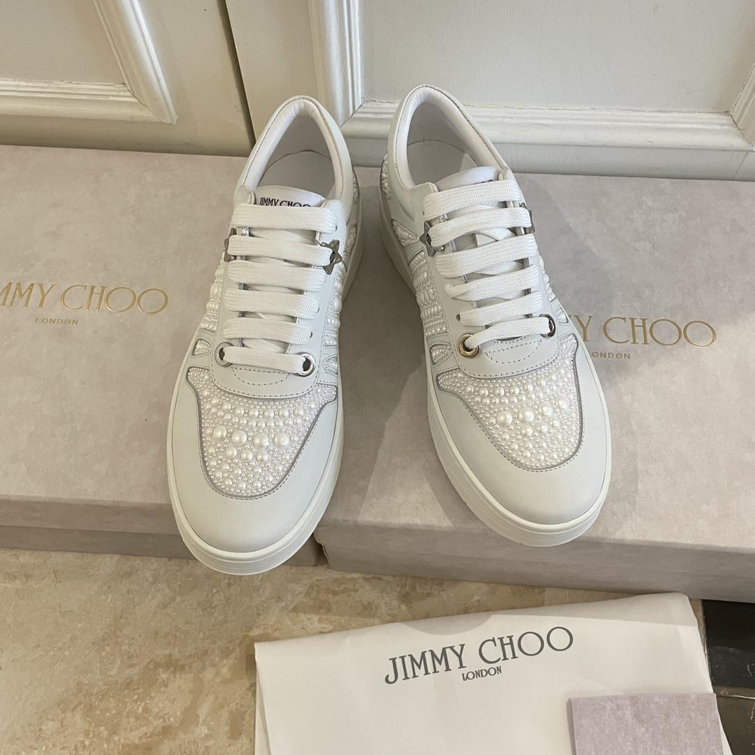 Jimmy Choo Hawaii/F White Calf Leather And Canvas Low Top Trainers With Pearl Embellishment - DesignerGu