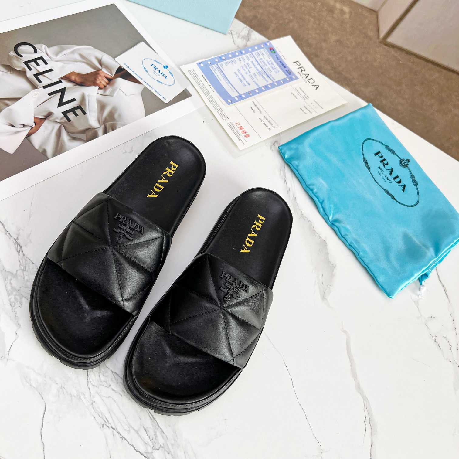 Prada Quilted Nappa Leather Slides - DesignerGu