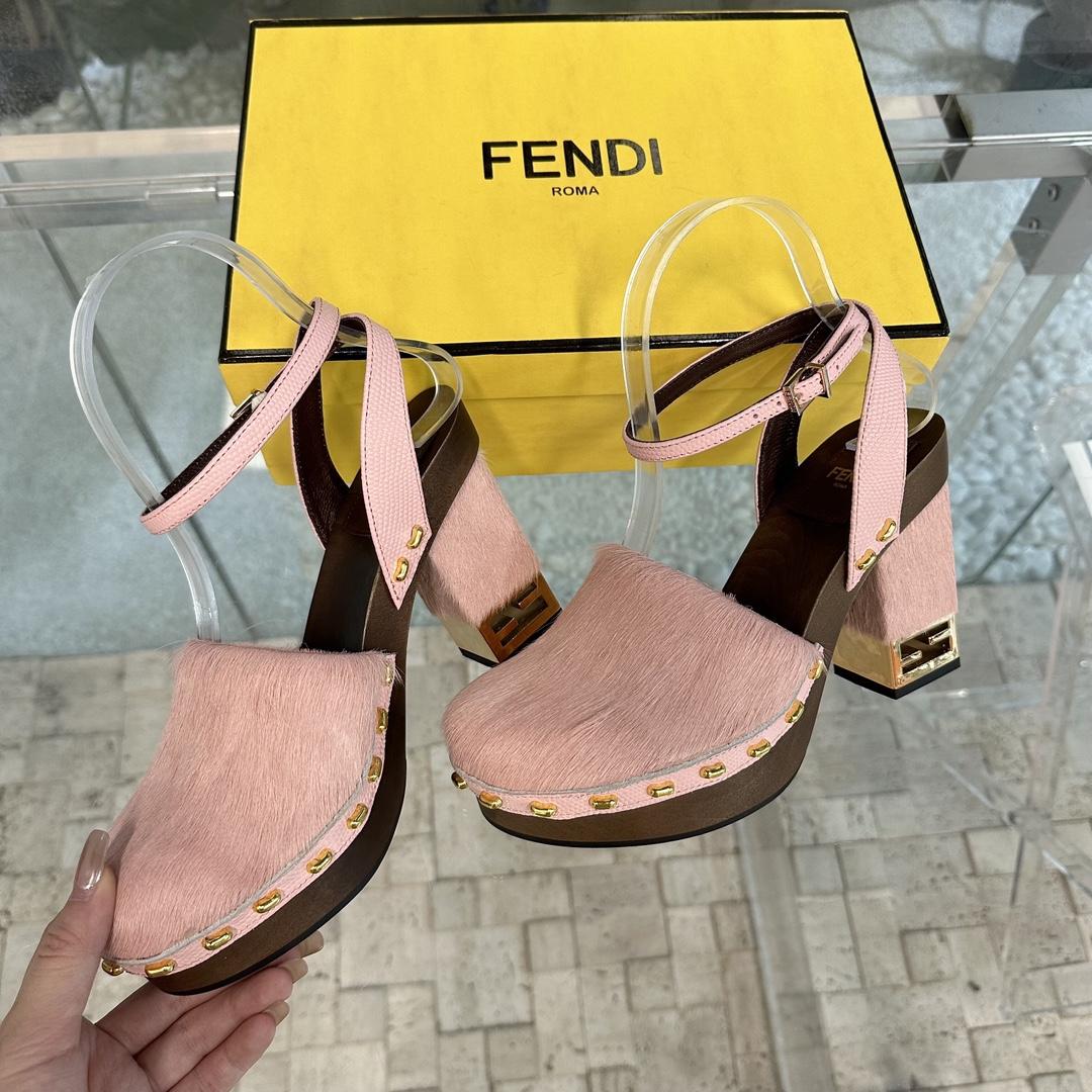Fendi Baguette Show Pink pony Hair High-heeled Clogs - DesignerGu