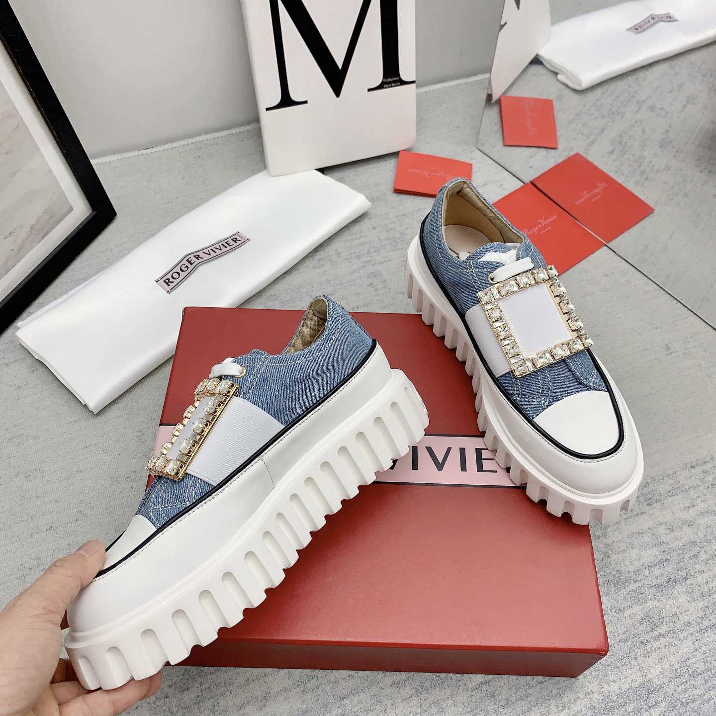 Roger Vivier Viv' Go-Thick Strass Buckle Slip-on Sneakers In Denim - 