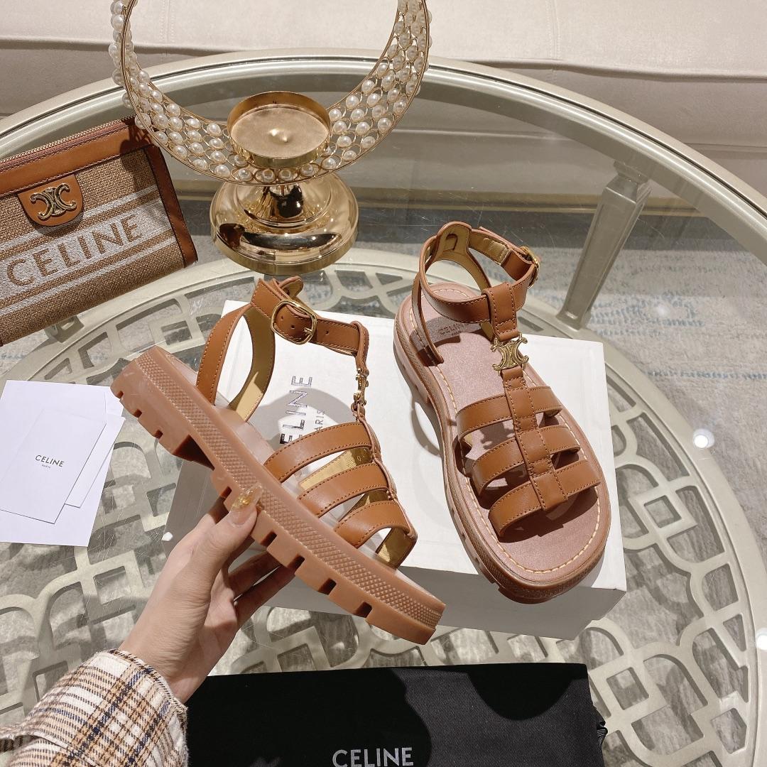 Celine Clea Triomphe Gladiator Sandal In Calfskin - Vegetal Tanning Tan - 