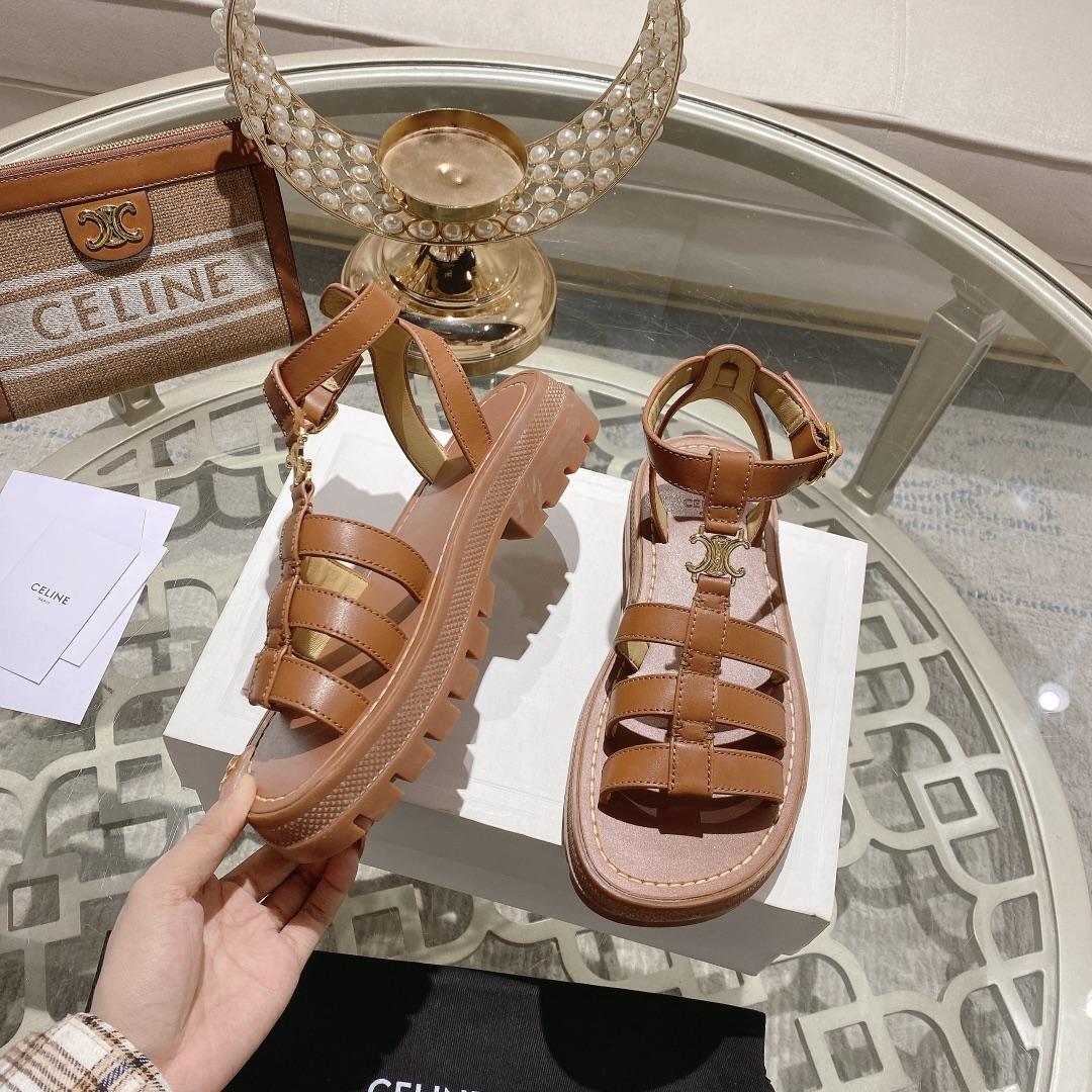 Celine Clea Triomphe Gladiator Sandal In Calfskin - Vegetal Tanning Tan - 