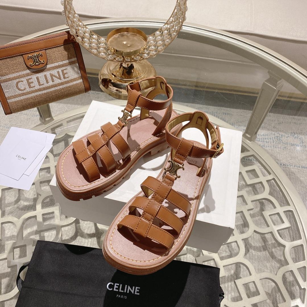 Celine Clea Triomphe Gladiator Sandal In Calfskin - Vegetal Tanning Tan - 