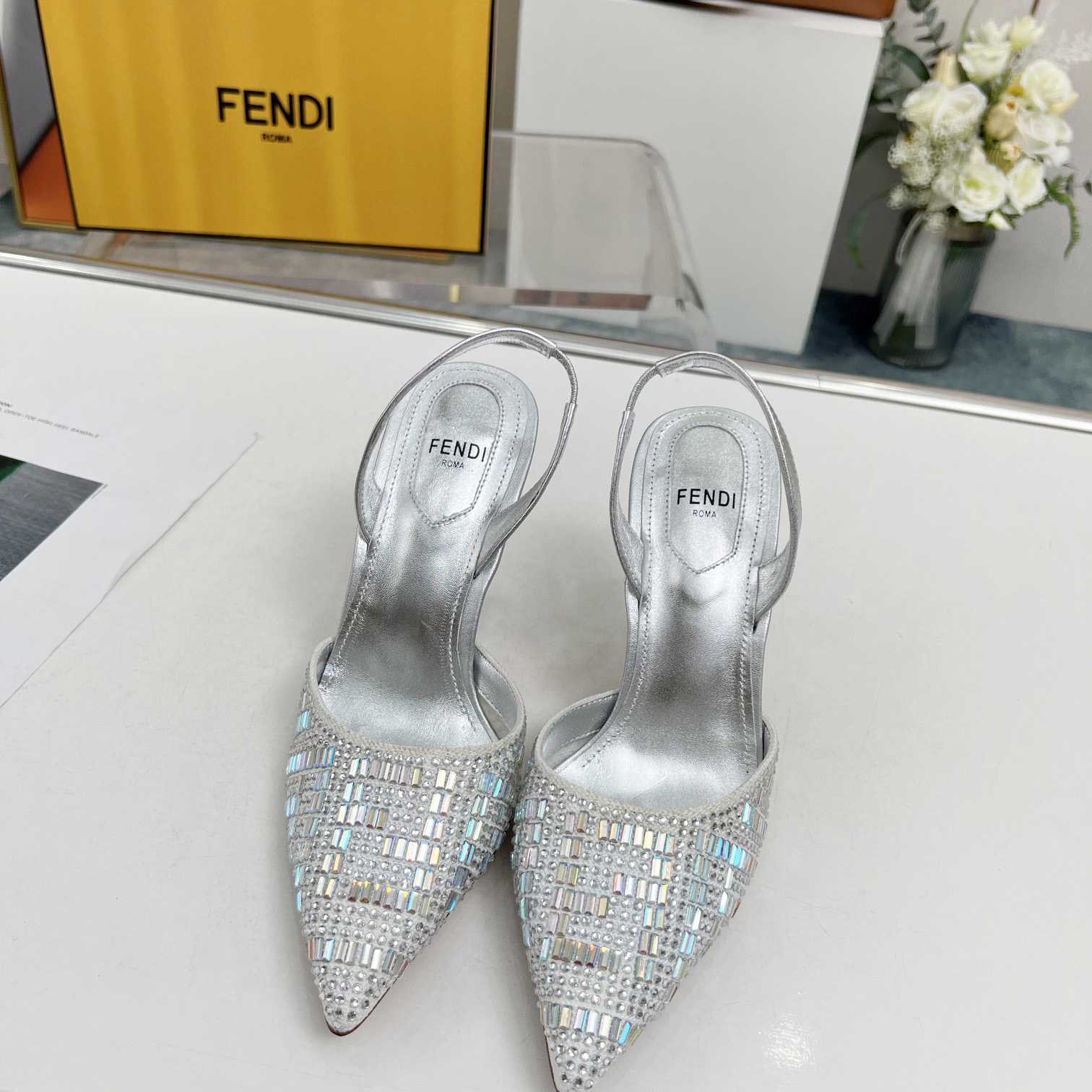 Fendi First Silver-colored Rhinestone High-heeled Slingbacks - DesignerGu