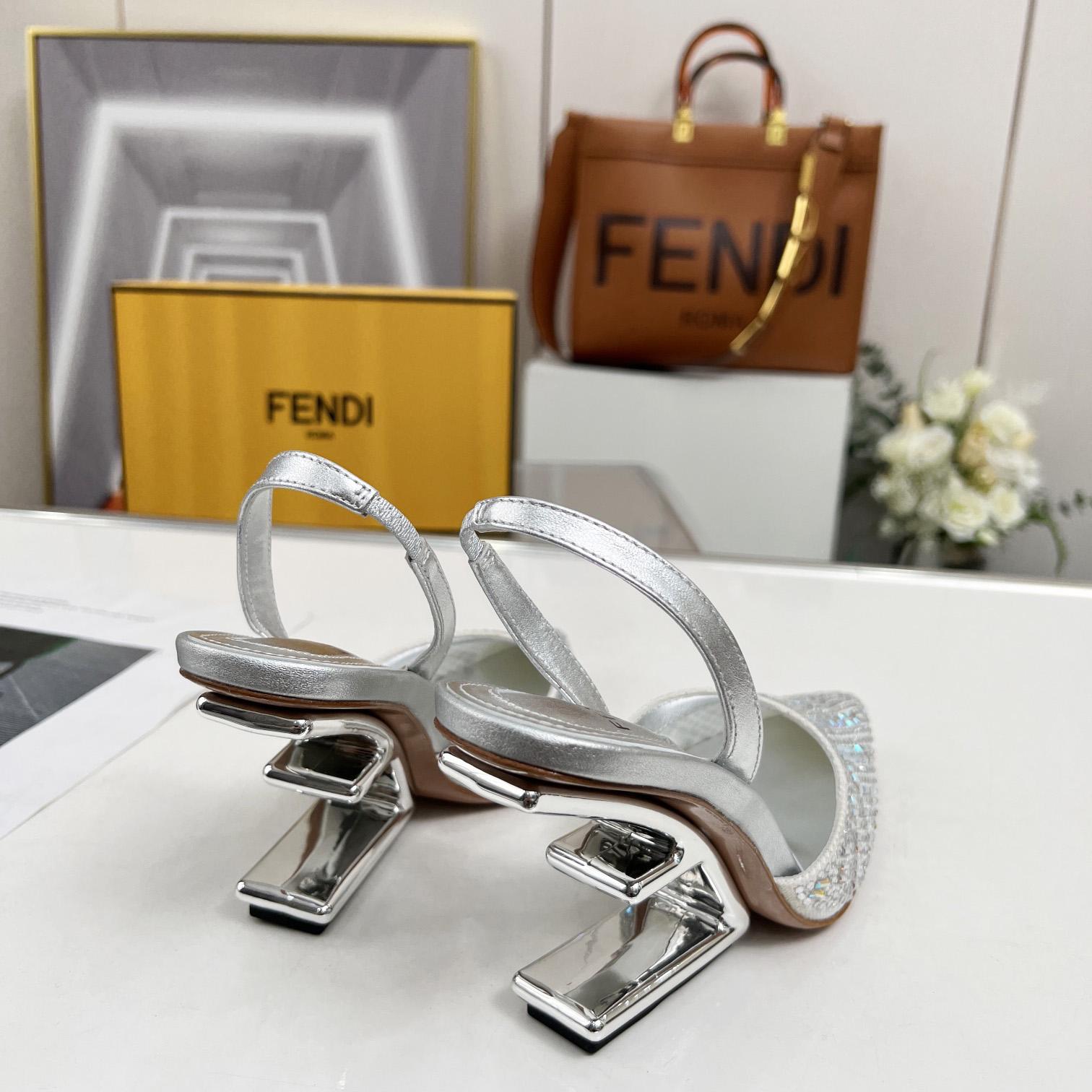 Fendi First Silver-colored Rhinestone High-heeled Slingbacks - DesignerGu