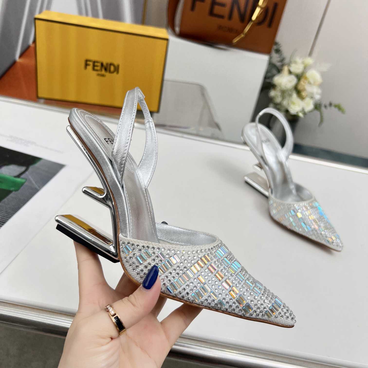 Fendi First Silver-colored Rhinestone High-heeled Slingbacks - DesignerGu