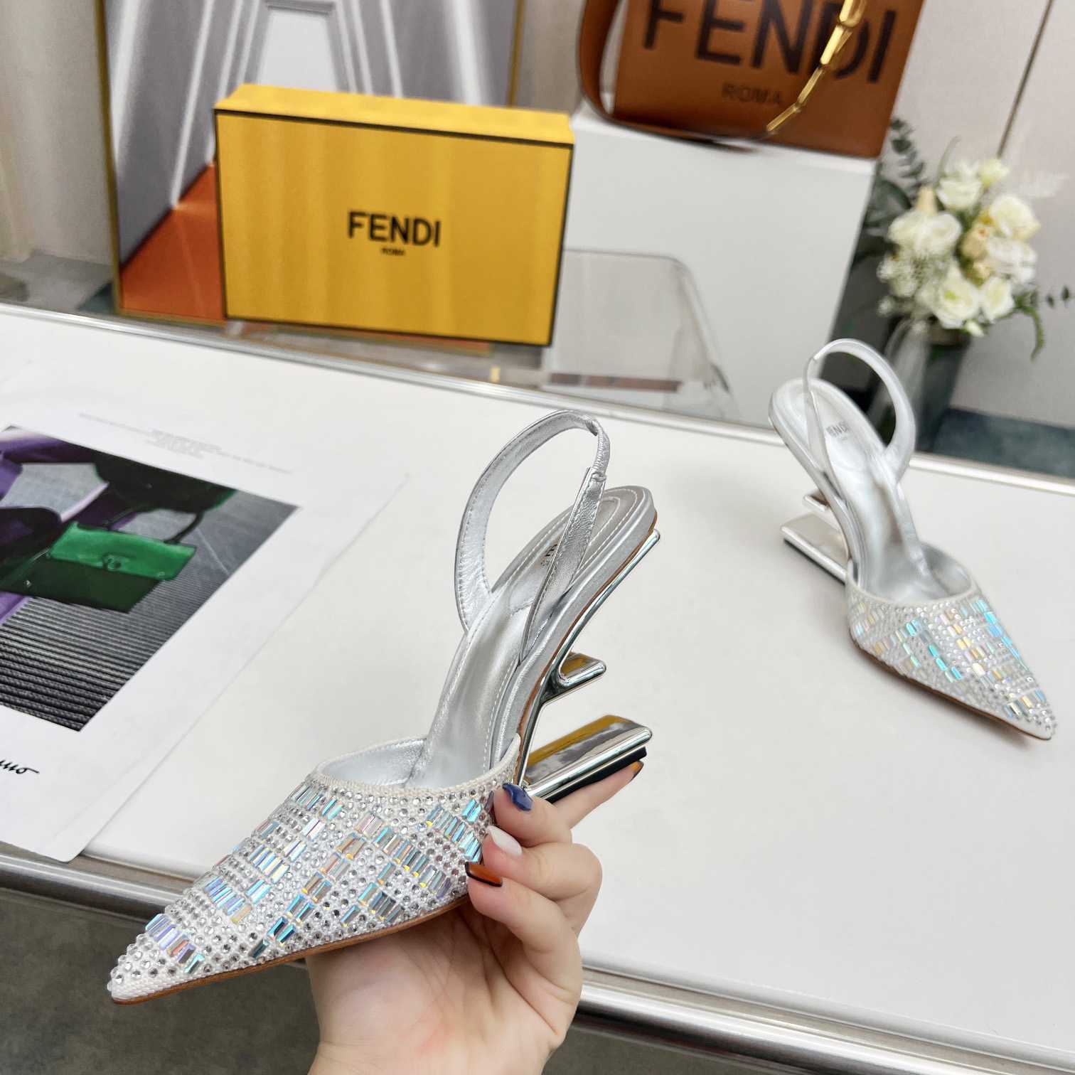 Fendi First Silver-colored Rhinestone High-heeled Slingbacks - DesignerGu