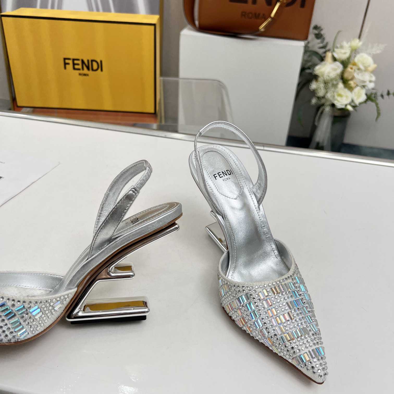 Fendi First Silver-colored Rhinestone High-heeled Slingbacks - DesignerGu