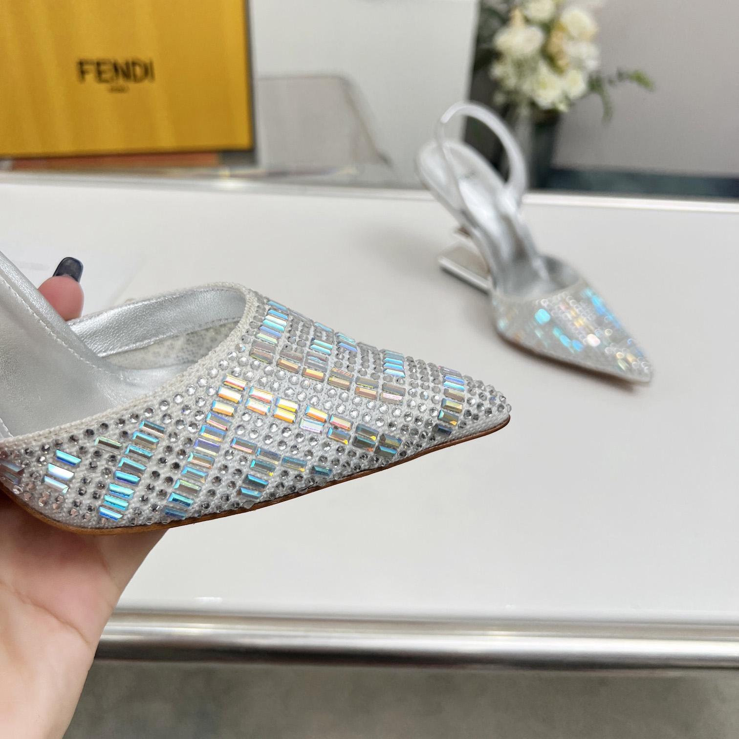 Fendi First Silver-colored Rhinestone High-heeled Slingbacks - DesignerGu