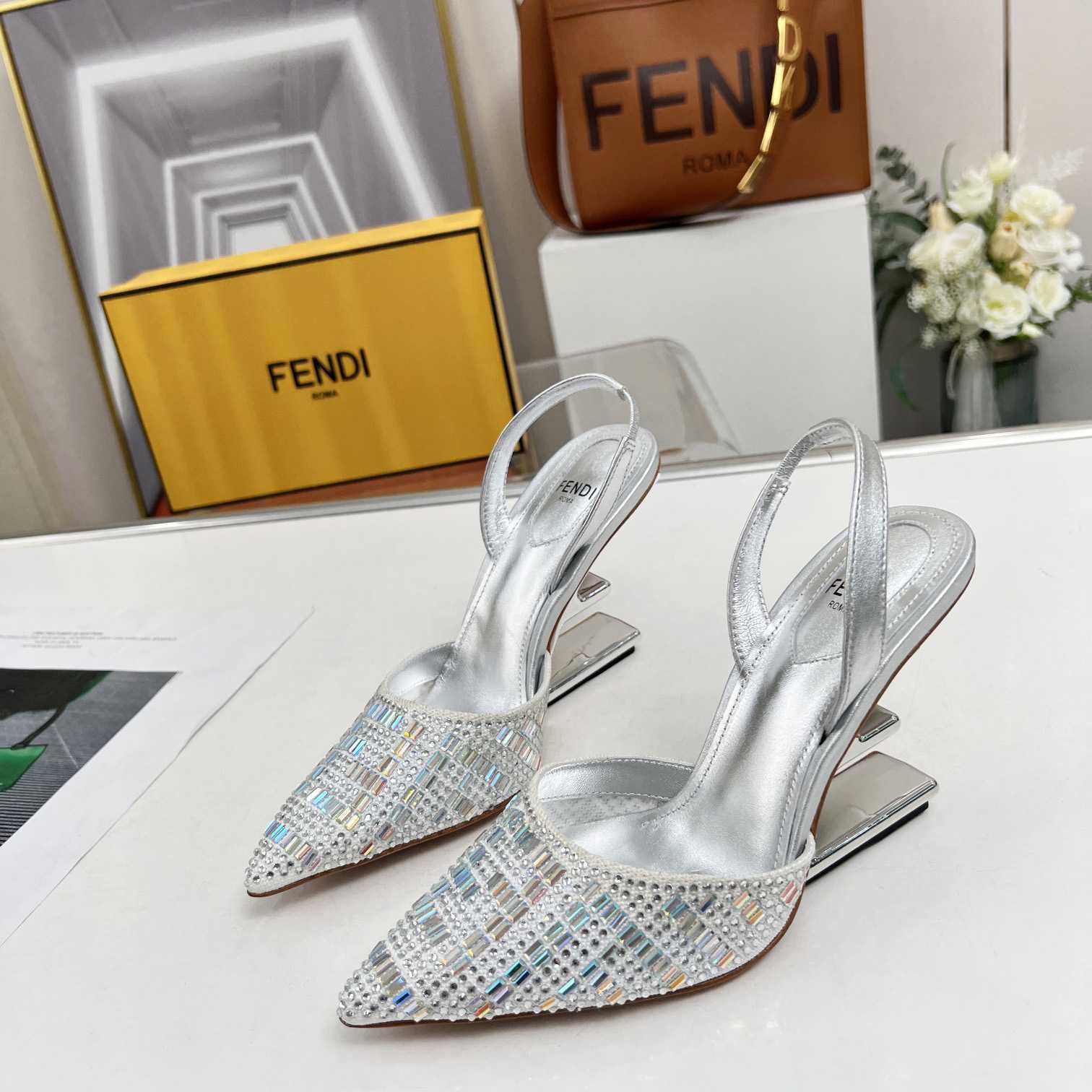 Fendi First Silver-colored Rhinestone High-heeled Slingbacks - DesignerGu