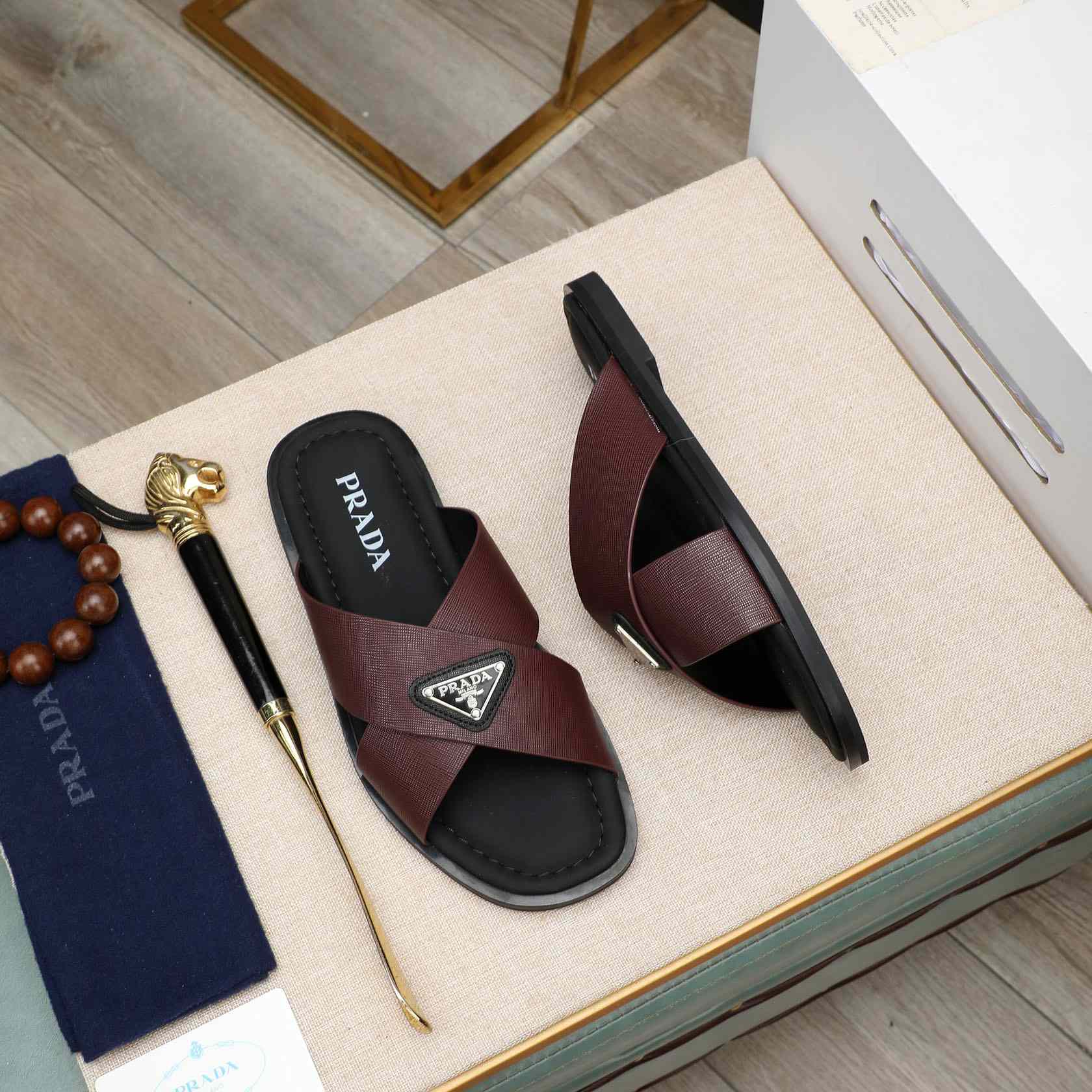 Prada Saffiano Leather Crisscross Sandals - 