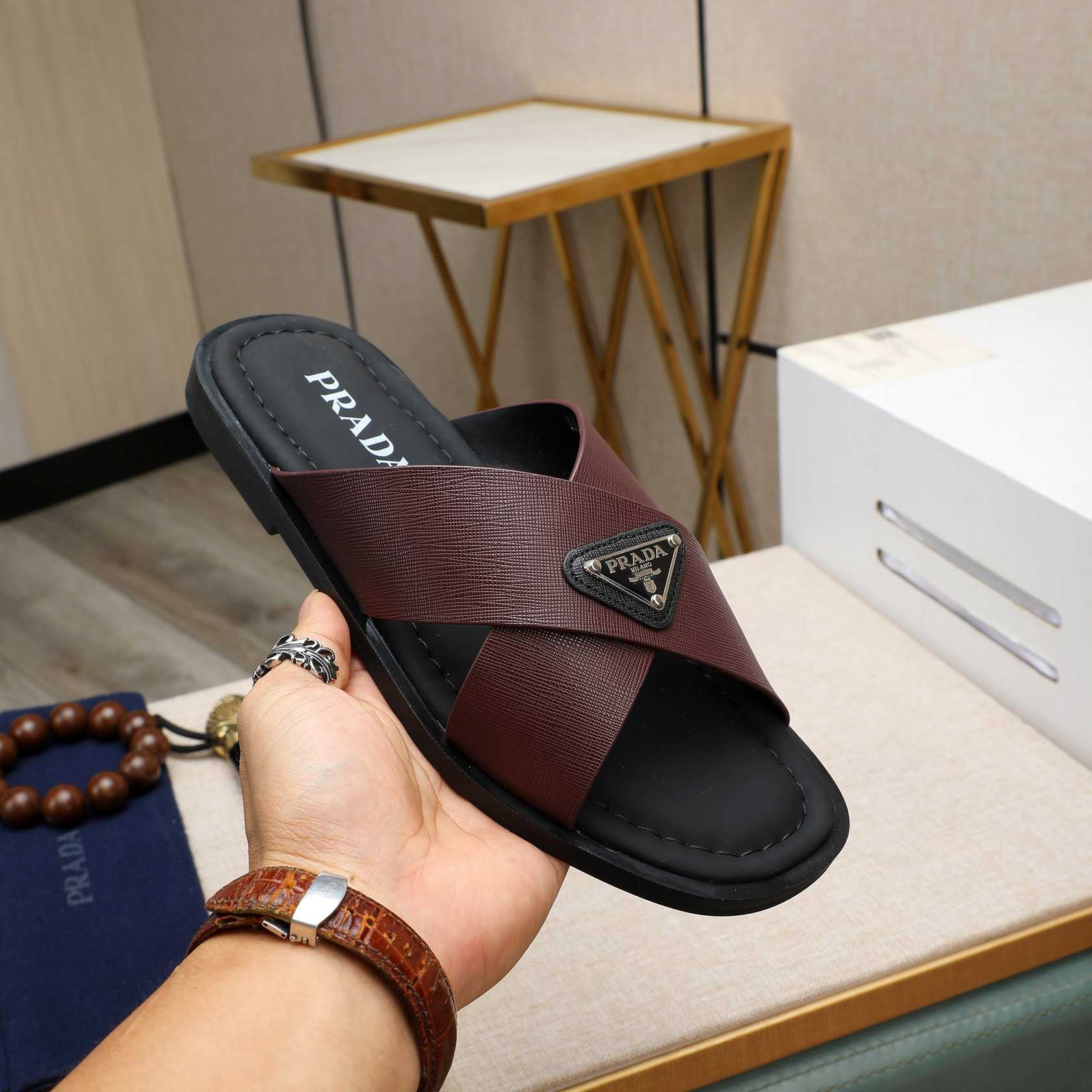 Prada Saffiano Leather Crisscross Sandals - 