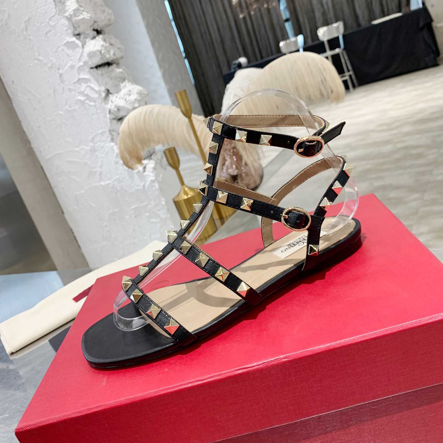 Valenti Rockstud Flat calfskin Sandal With Straps  - DesignerGu