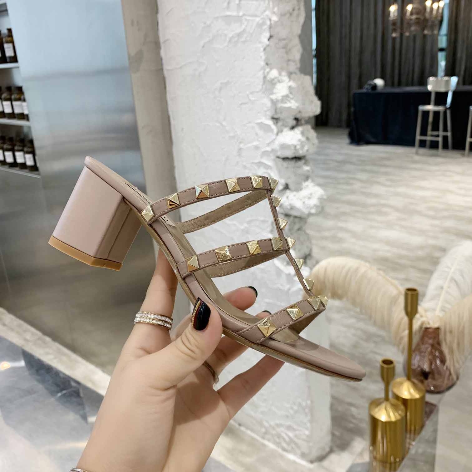 Valenti Rockstud Calfskin Leather Slide Sandal  - 