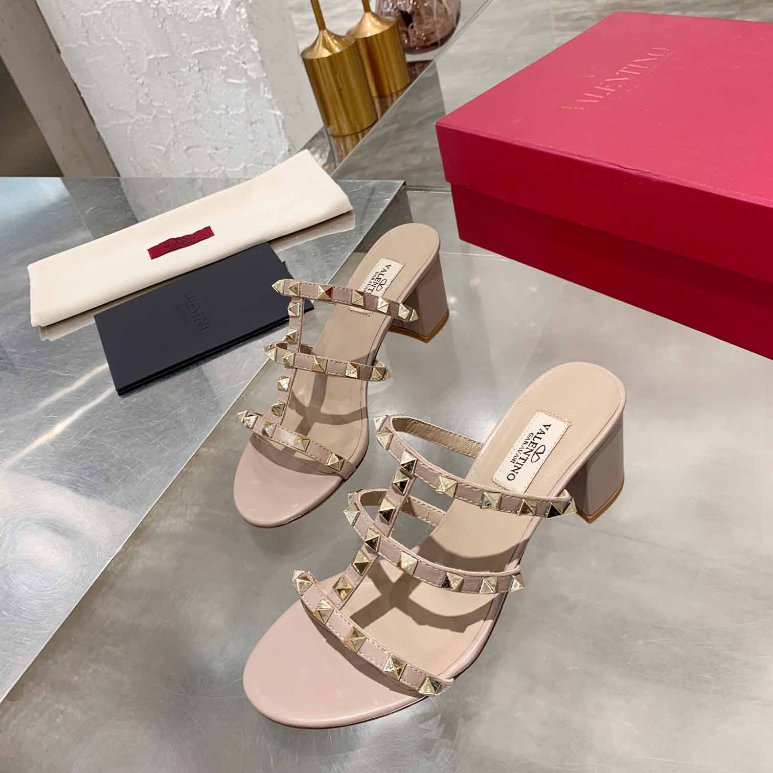 Valenti Rockstud Calfskin Leather Slide Sandal  - 