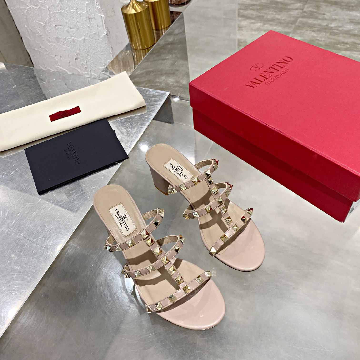 Valenti Rockstud Calfskin Leather Slide Sandal  - 