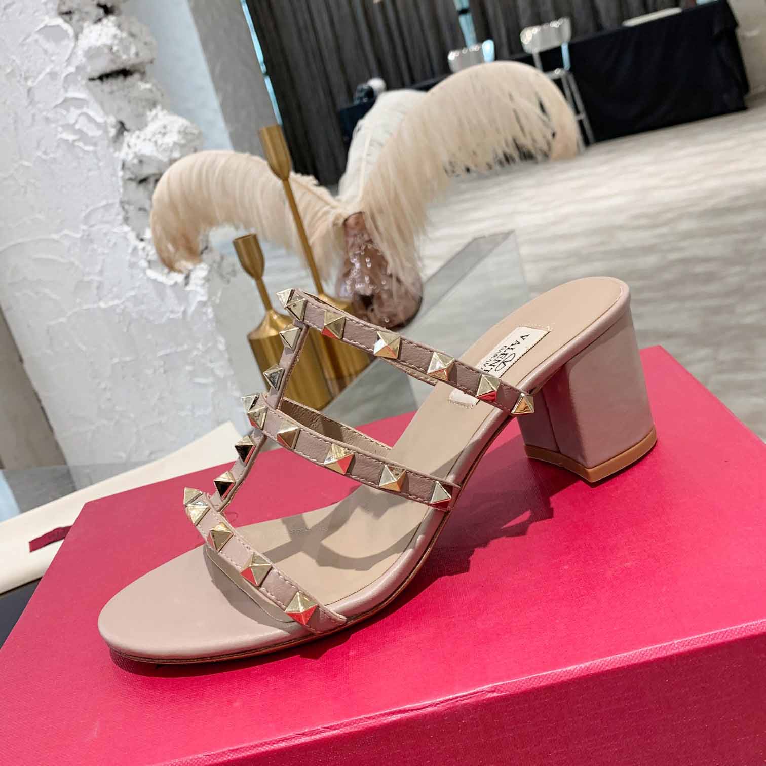 Valenti Rockstud Calfskin Leather Slide Sandal  - 
