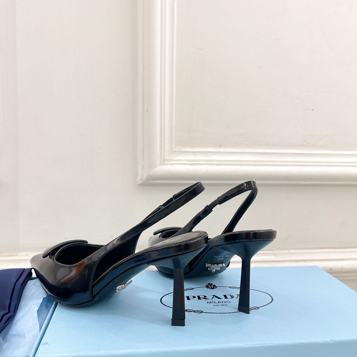 Prada Black Brushed Leather Slingback Pumps  75mm - DesignerGu