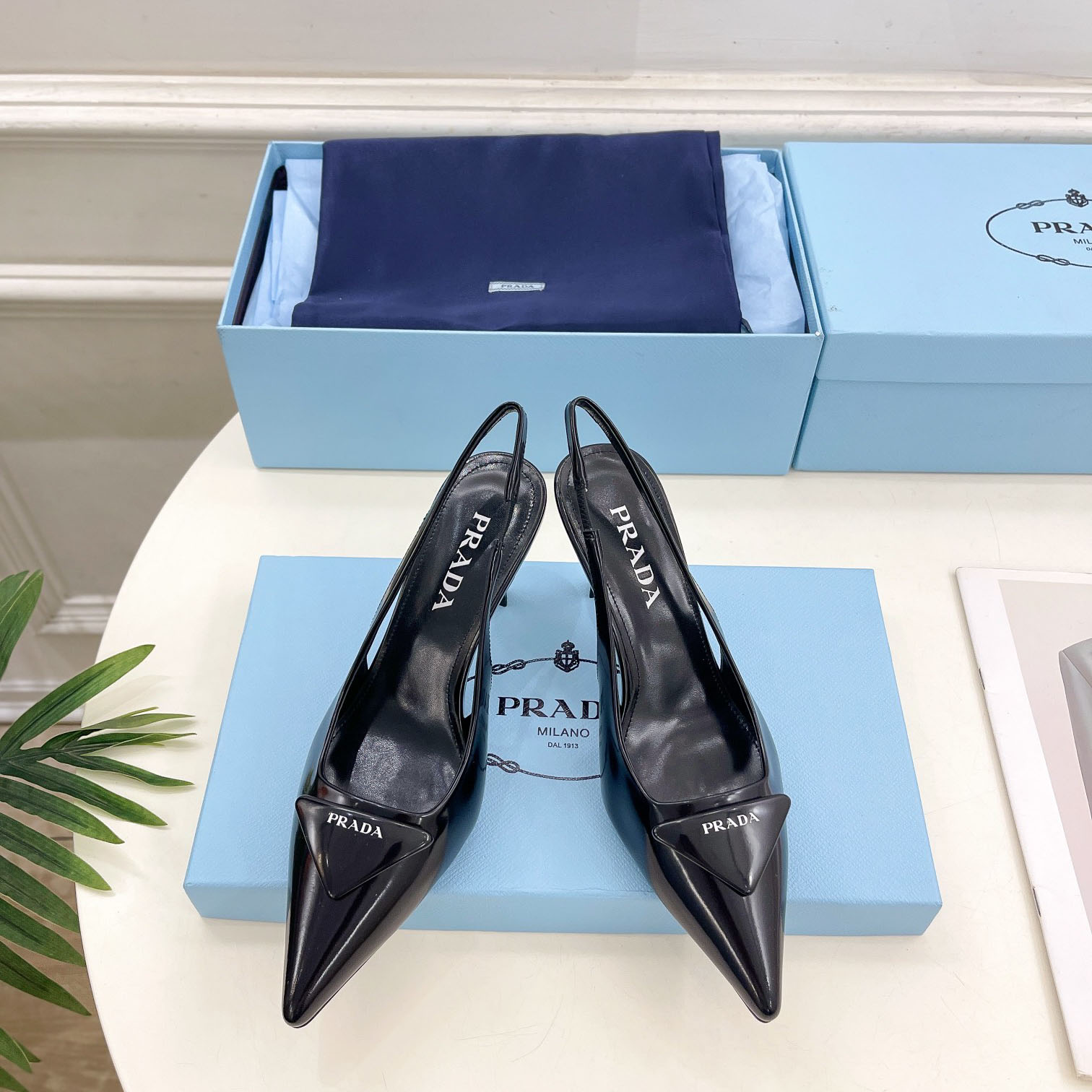 Prada Black Brushed Leather Slingback Pumps  75mm - DesignerGu