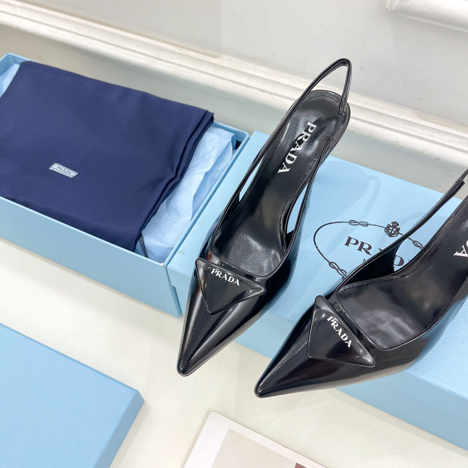 Prada Black Brushed Leather Slingback Pumps  75mm - DesignerGu