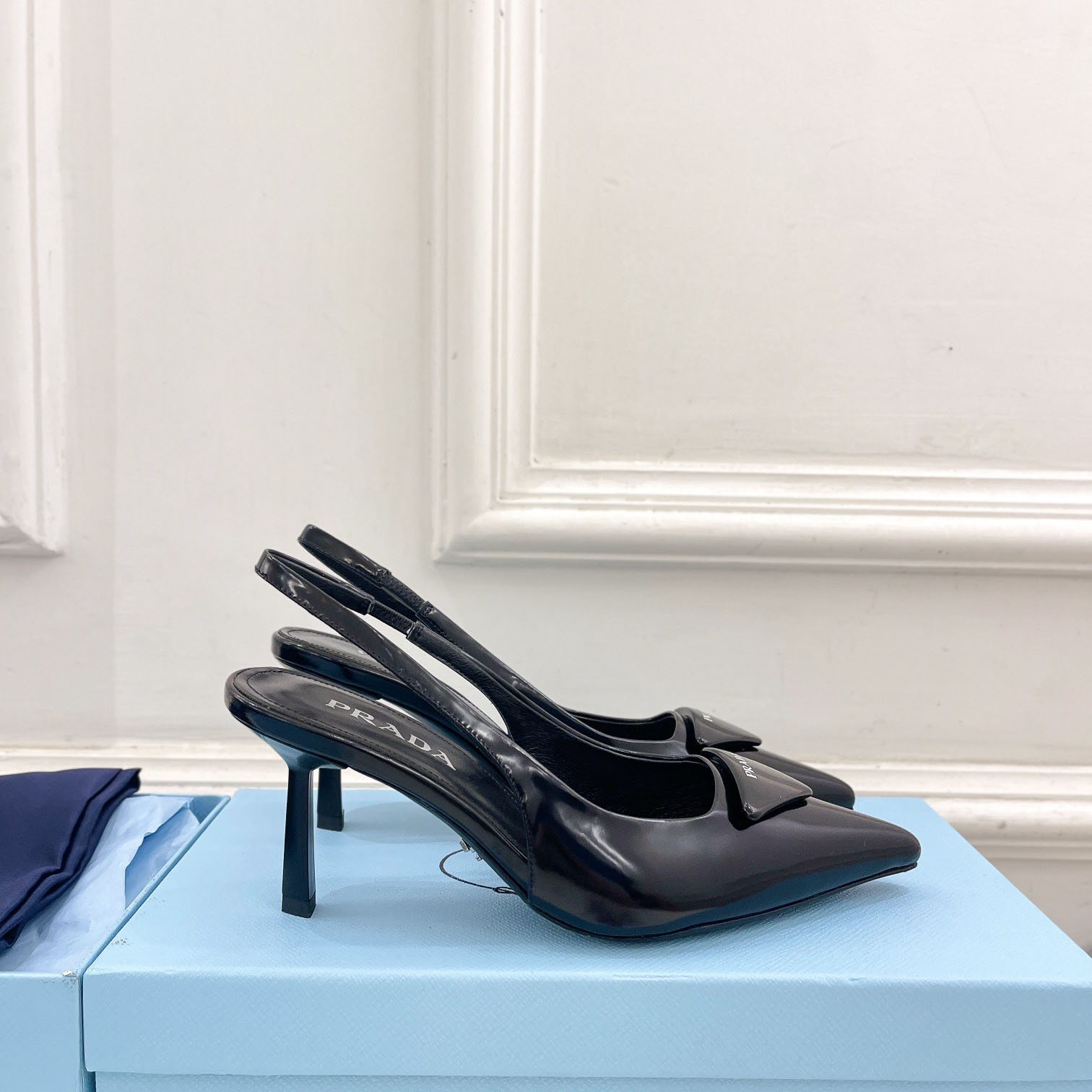 Prada Black Brushed Leather Slingback Pumps  75mm - DesignerGu